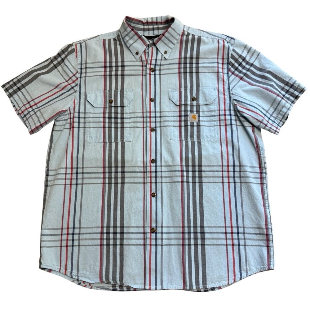 CARHARTT SHIRT LIGHT BLUE PLAID MENS L BUTTON UP LOOSE FIT SHORT SLEEVE CASUAL